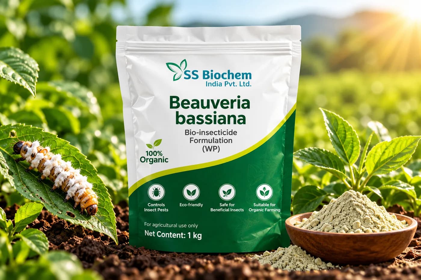 Beauveria bassiana supplied by SS Biochem, shown in the field