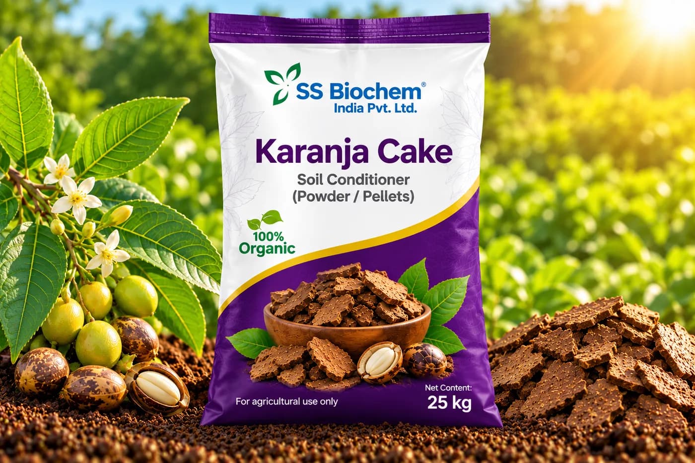 Karanja Cake supplied by SS Biochem, shown in the field