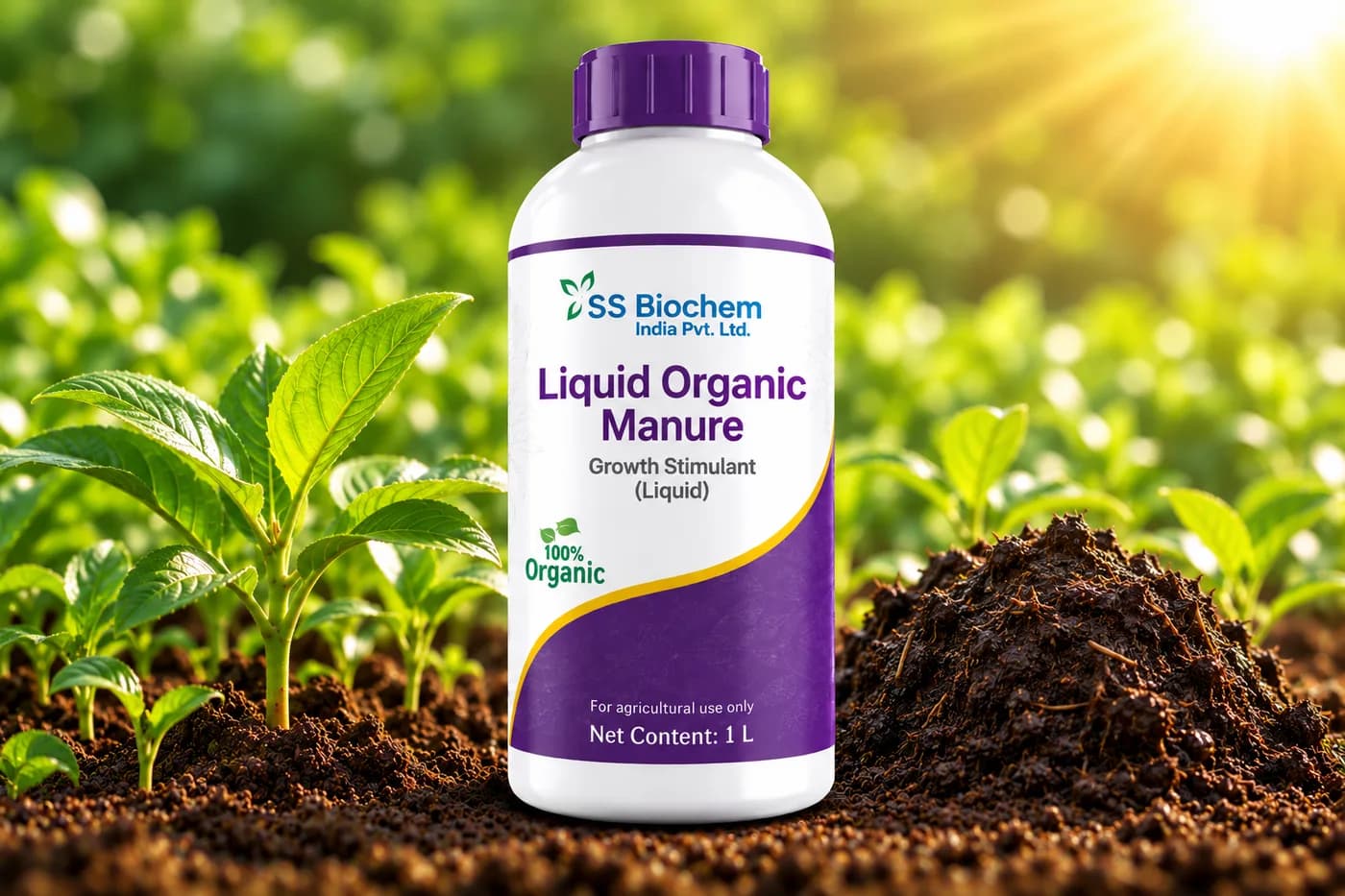 Liquid Organic Manure / Growth Stimulant supplied by SS Biochem, shown in the field