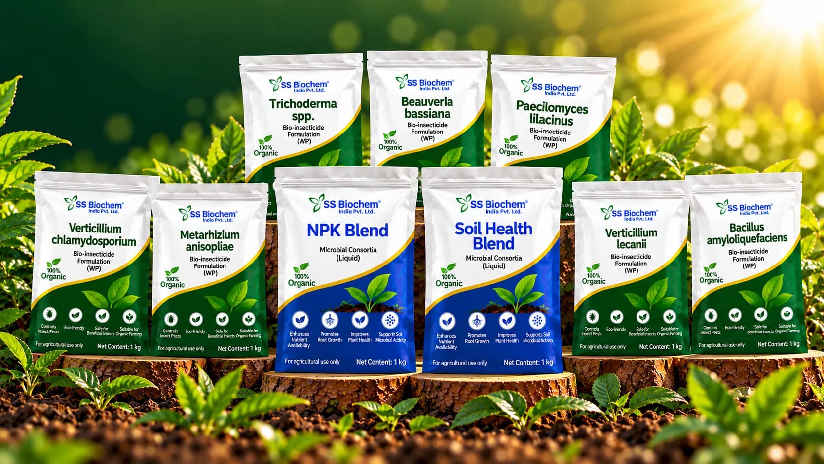 The microbial crop inputs range supplied by SS Biochem