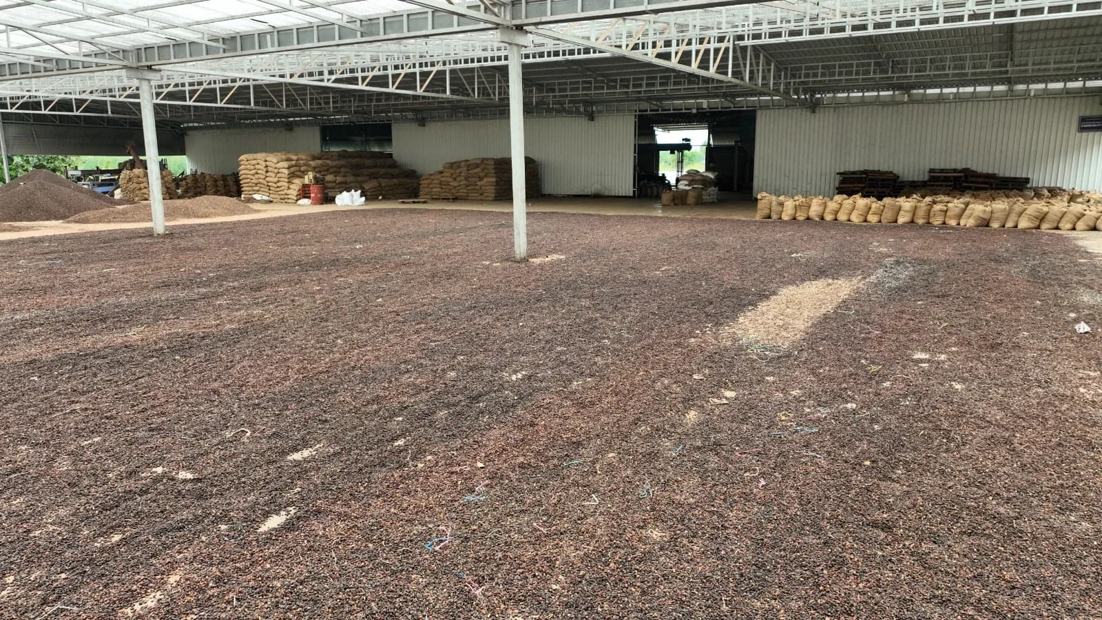 The covered warehouse, with sacked material stored along the far wall