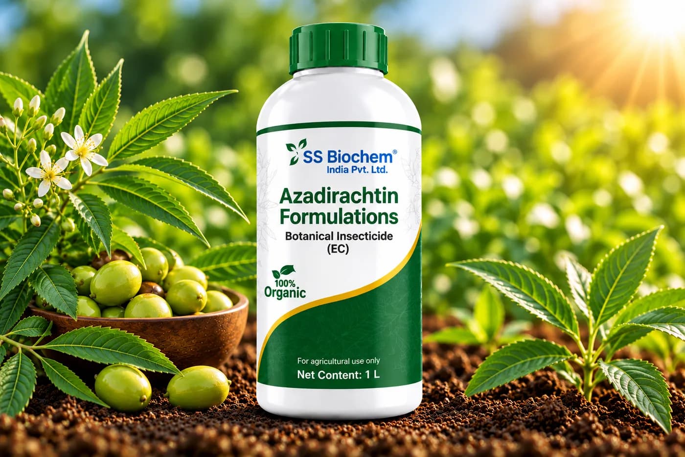 Azadirachtin Formulations supplied by SS Biochem, shown in the field