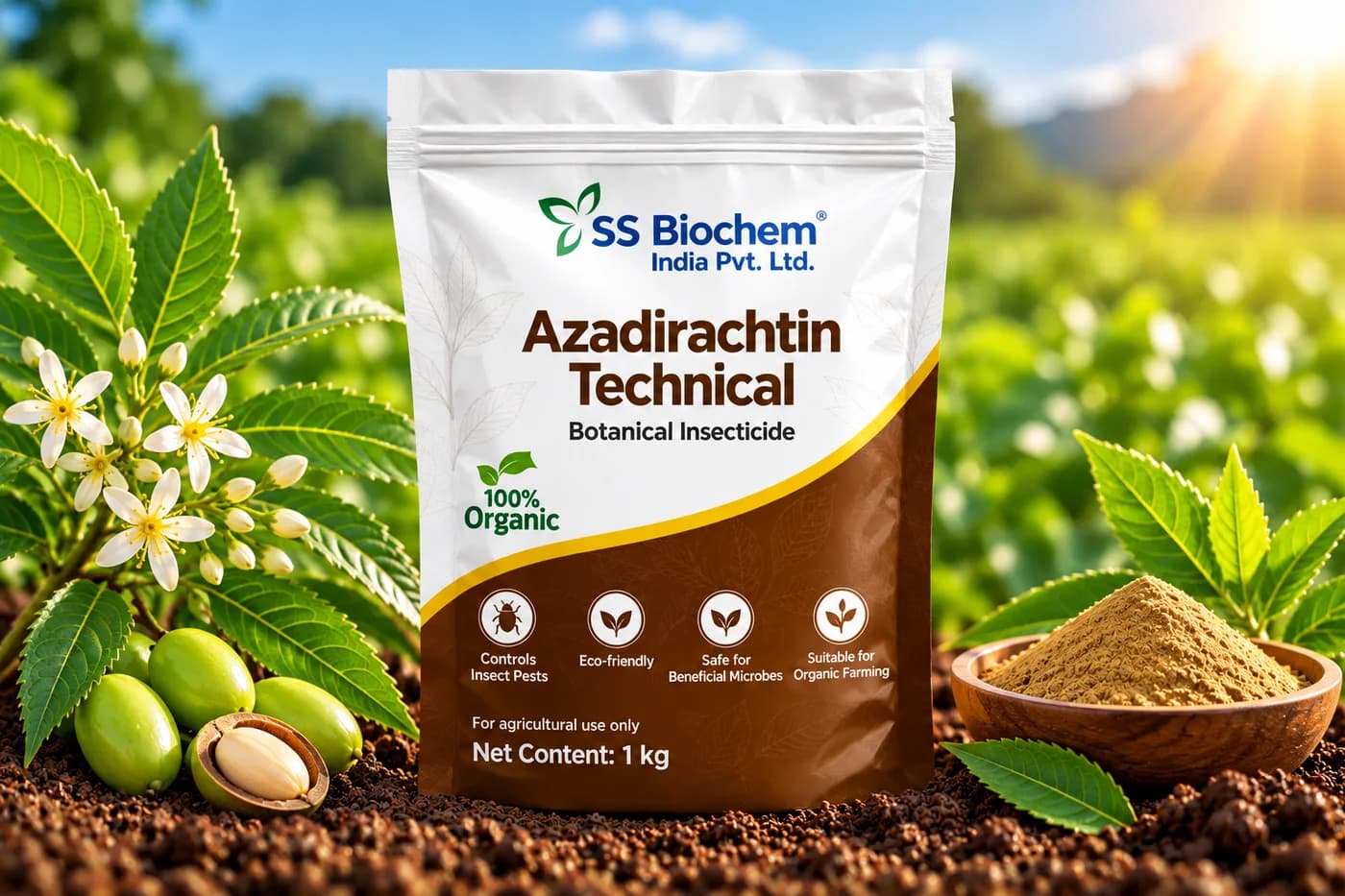 Azadirachtin Technical supplied by SS Biochem, shown in the field
