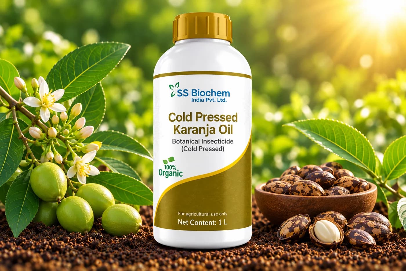Cold Pressed Karanja Oil supplied by SS Biochem, shown in the field