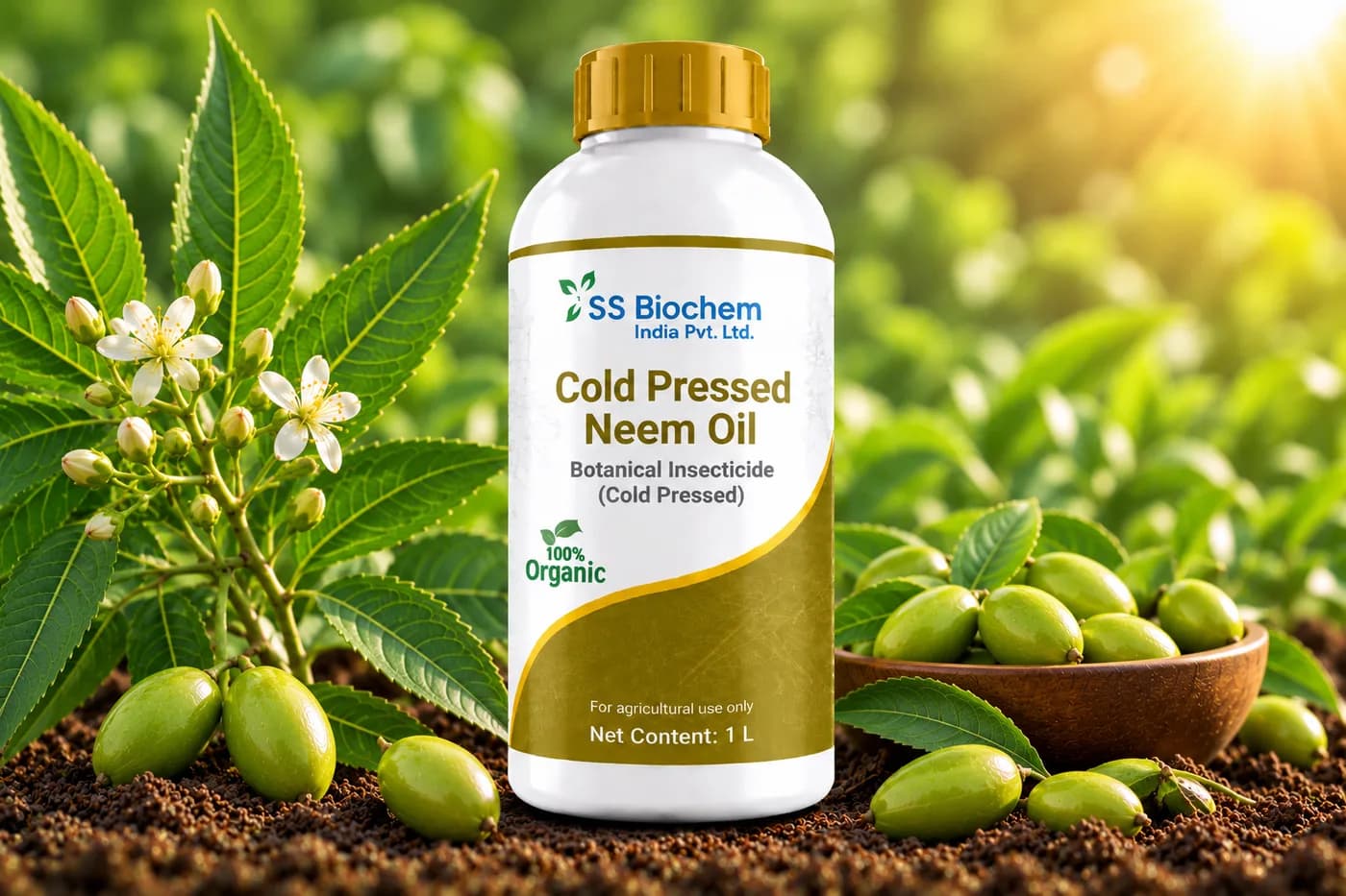 Cold Pressed Neem Oil supplied by SS Biochem, shown in the field