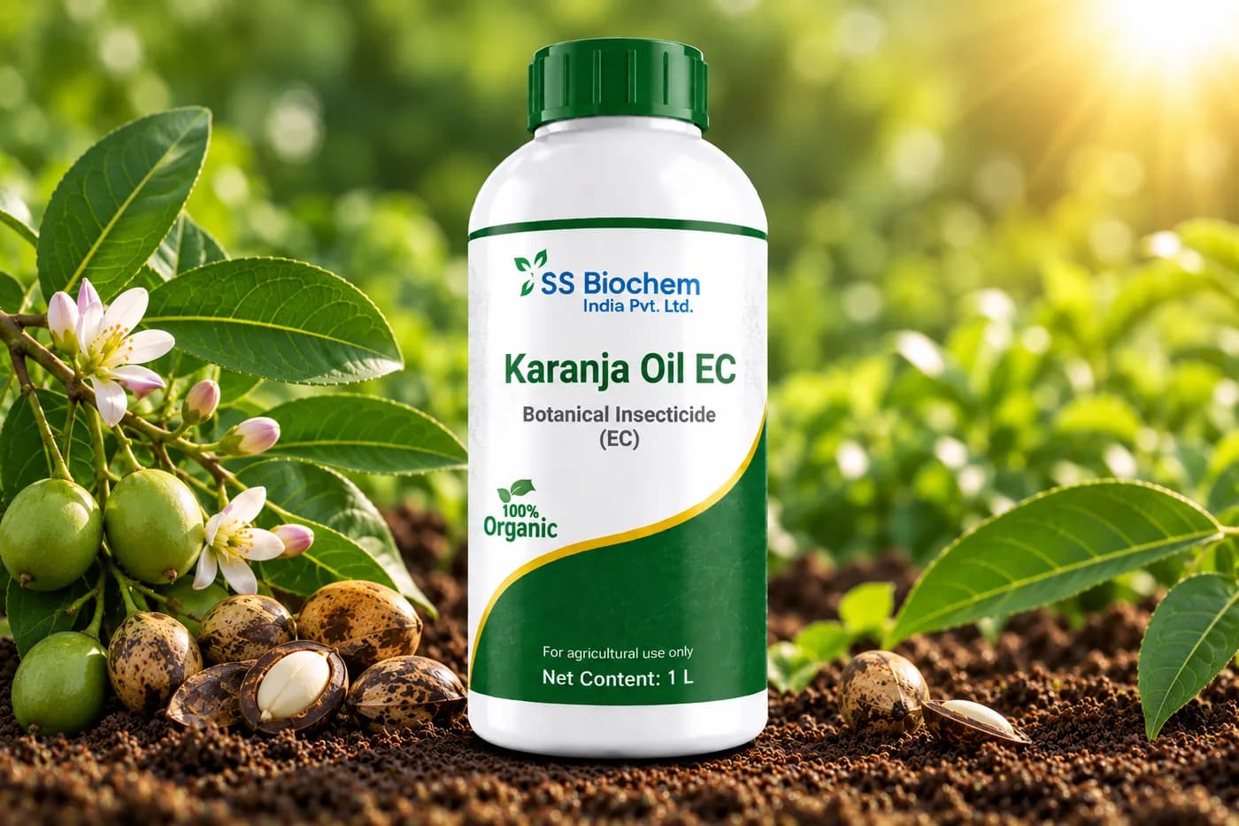 Karanja Oil EC supplied by SS Biochem, shown in the field