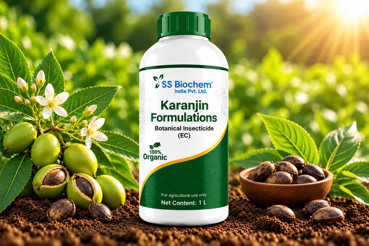 Karanjin Formulations supplied by SS Biochem, shown in the field