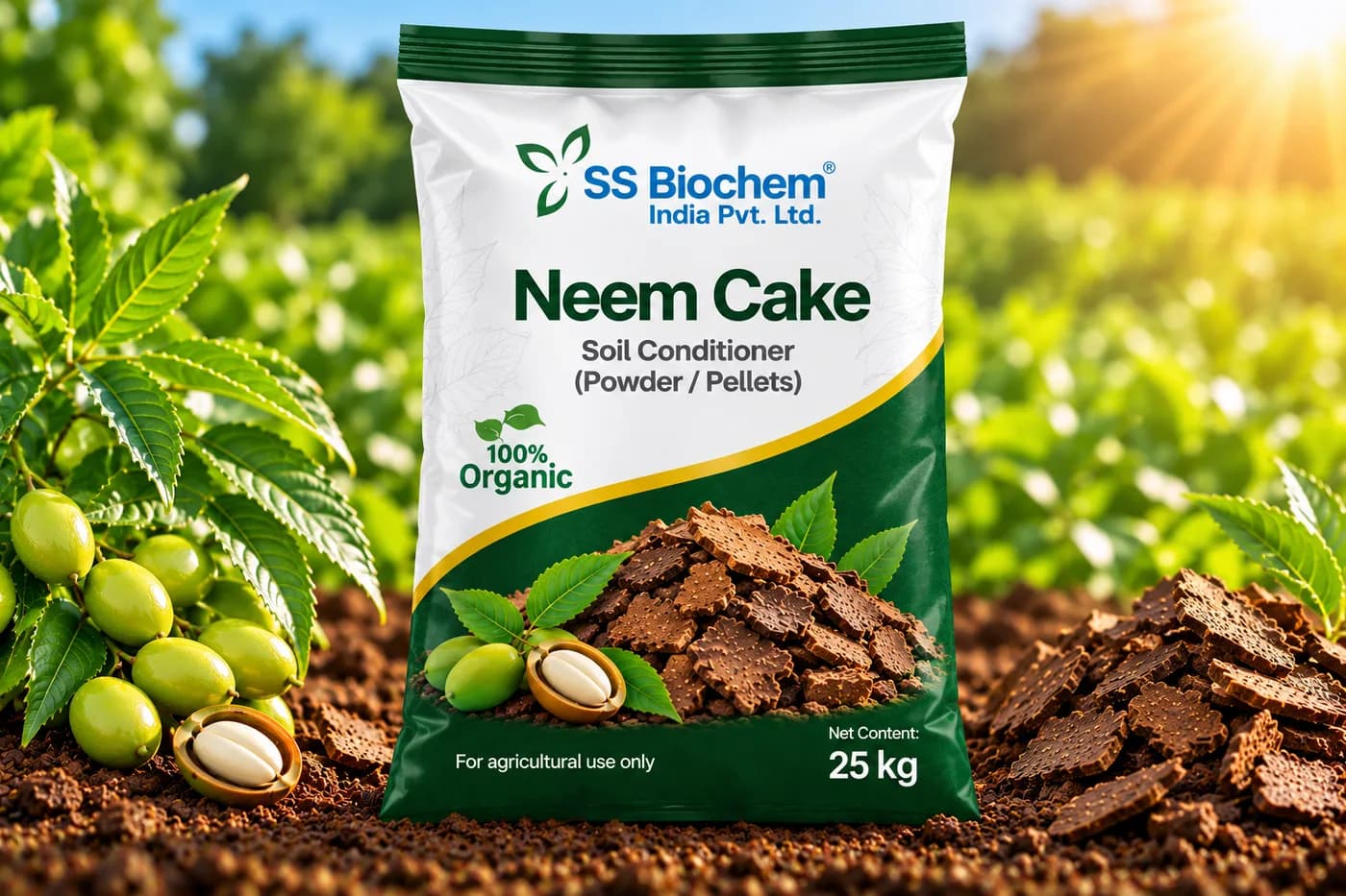 Neem Cake supplied by SS Biochem, shown in the field