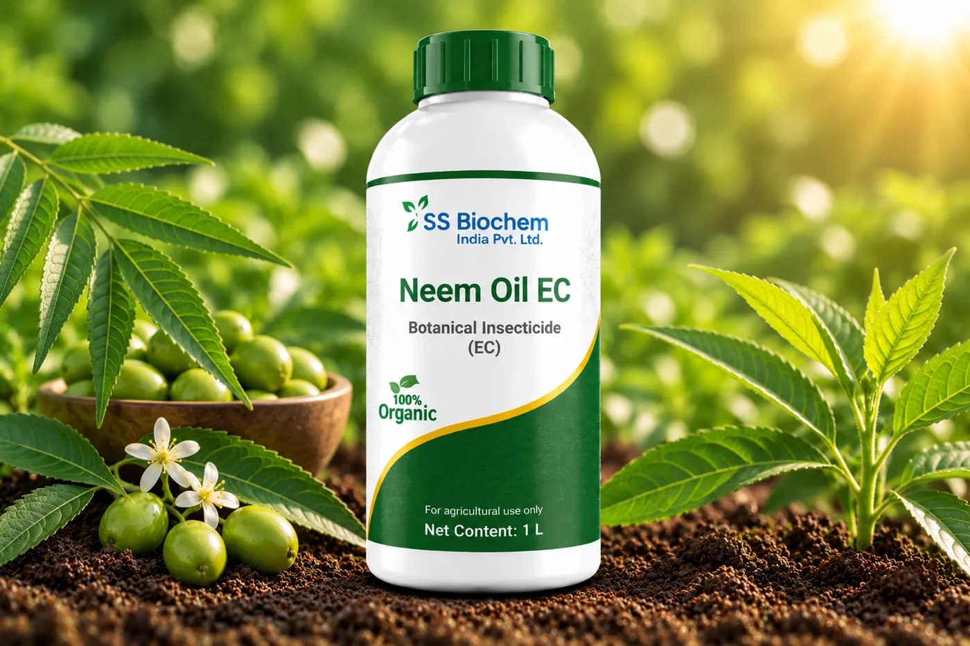 Neem Oil EC supplied by SS Biochem, shown in the field