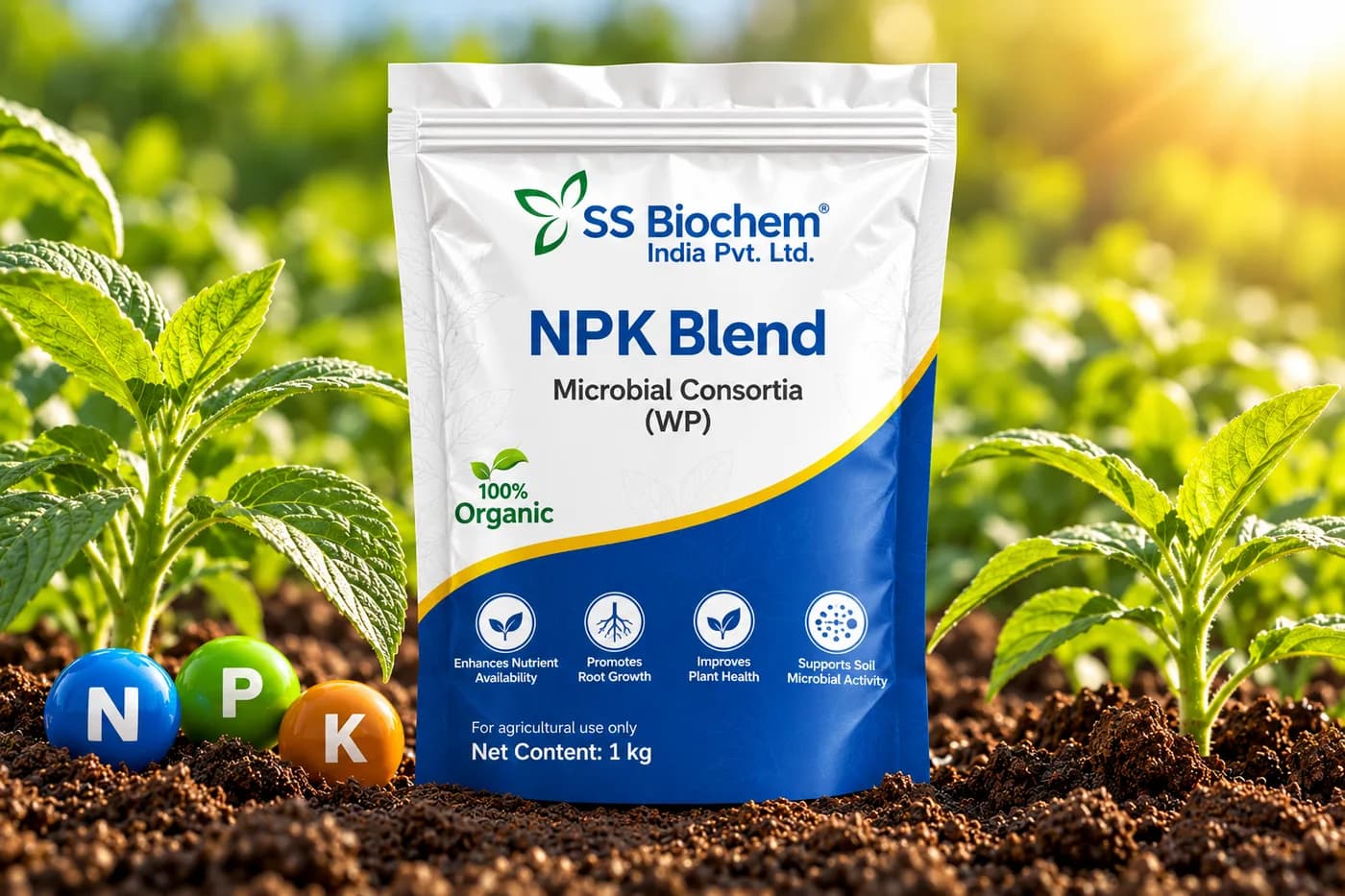 NPK Blend supplied by SS Biochem, shown in the field